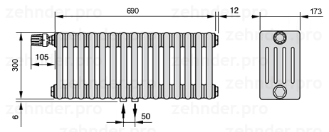 Схема (чертеж) Радиатор Zehnder Charleston 5030/15 №V007 Белый глянцевый RAL 9016